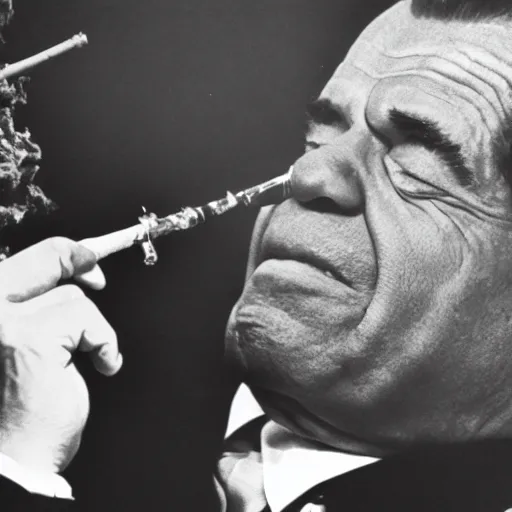 Prompt: richard nixon and louis armstrong smoking marijuana, photography, black and white, 8 k, crisp, highly detailed, high quality, high resolution