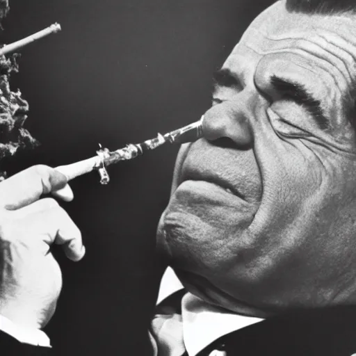 Image similar to richard nixon and louis armstrong smoking marijuana, photography, black and white, 8 k, crisp, highly detailed, high quality, high resolution