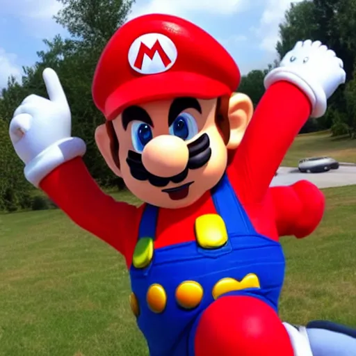 Image similar to a man poorly cosplaying as mario