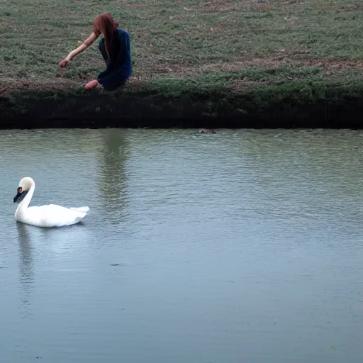 Image similar to girl drowning swan in lake