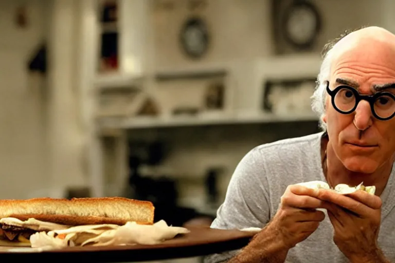 Prompt: larry david eating a sandwich, horror film still, dark atmosphere, found footage, nightmare, unsettling, cinematic, dim lighting, pain, agony, suffering