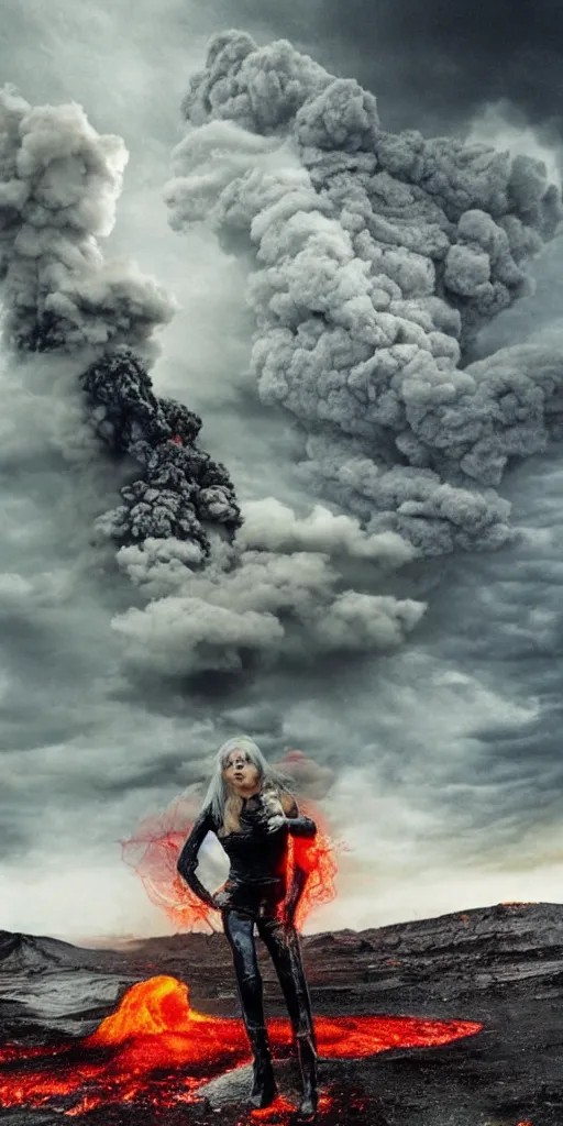 Prompt: volcano eruption post apocalyptic scene with a long - haired blonde cyber girl futuristic mad max bladerunner stormy weather