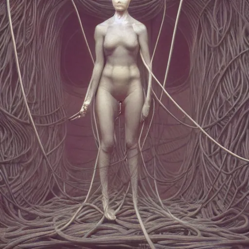 Image similar to photo of a woman wrapped around by tubes and cables, by Edgar Maxence and Ross Tran, Zdzisław Beksiński, and Michael Whelan, distant, gustav dore, H.R. Giger, 8k, octane render