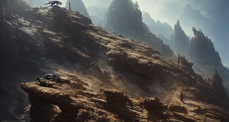 Image similar to hyper realistic sci - fi matte concept art painting of mecha on a cliff overlooking a raging battle, beautiful details, strong composition painted by kim jung guweta studio rutkowski, james gurney and greg rutkowski, and lucasfilm, smooth, intricate, detailed, sharp focus, cinematic