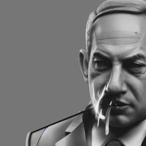 Image similar to a portrait of benjamin netanyahu as an advanced cyborg smoking a cigar, smoke in background, grainy, dramatic lighting, octane render, neutral colors, sharp, 4 k