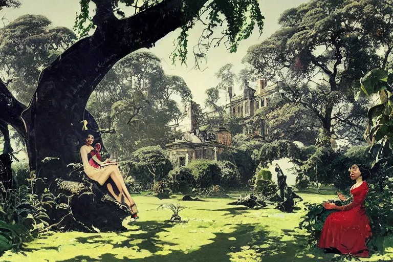 Prompt: 5 0 s pulp illustration of elegant black woman watching spacecraft land in garden of english country mansion, baobab trees, painted by norman rockwell, jack kirby, john berkey, bergey, craig mullins, ruan jia, raymond swanland, jeremy mann, tom lovell, morgan weistling, carl spitzweg