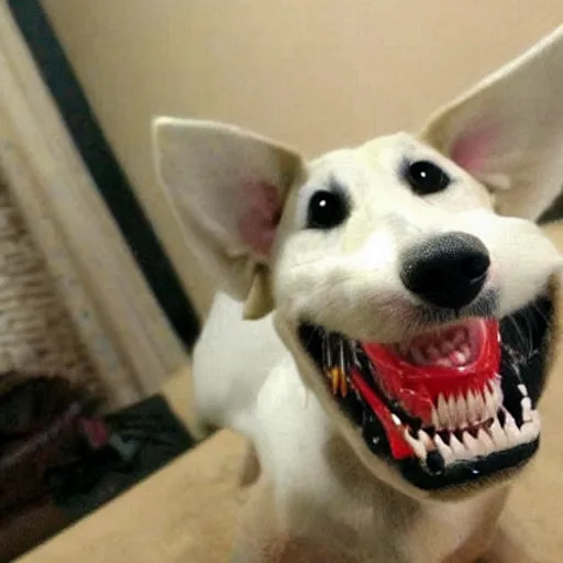 Image similar to an adorable dog with highly detailed, very very realistic human teeth