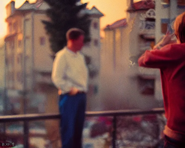 Image similar to lomo photo of pair standing on small hrushevka balcony full with cigarette smoke in small russian town at sunset, cinestill, bokeh