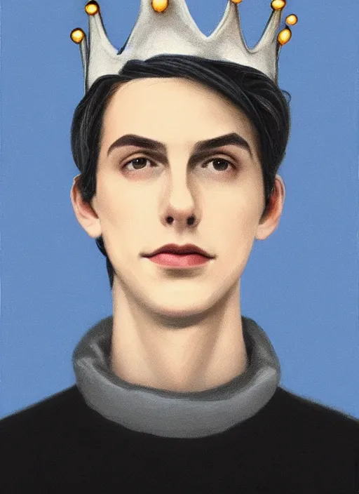 Image similar to portrait of teenage jughead jones wearing a light grey crown, crown, blue turtleneck, 1 9 5 0 s, closed eyes, photorealistic, black hair, glowing lighting, intricate, elegant, glowing lights, highly detailed, digital painting, artstation, concept art, smooth, sharp focus, illustration, art by wlop, mars ravelo and greg rutkowski