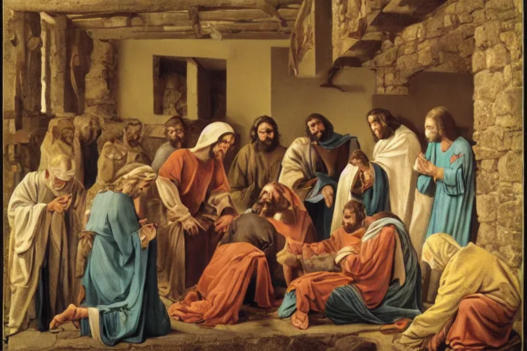 Prompt: jesus in a workshop assembling a human being