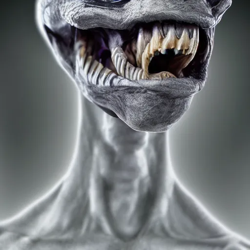 Image similar to an alien. angled jaw, growling, omniverous layered teeth, sunken nose, smooth bioluminescent skin, emaciated, mid length portrait photograph, highly detailed, high contrast lighting