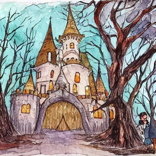 Image similar to the hall in the castle decorated for halloween hayao miyazaki in a small clearing among trees, watercolor illustration for a book