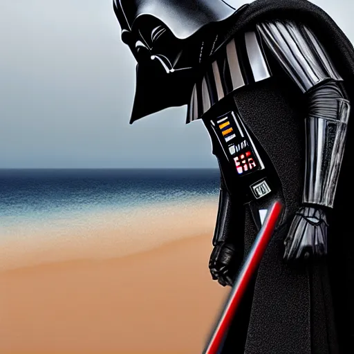 Prompt: Darth Vader wearing a Speedo at the beach, ultra realistic, concept art, intricate details, eerie, highly detailed, photorealistic, octane render, 8k, unreal engine. art by Artgerm and Greg Rutkowski