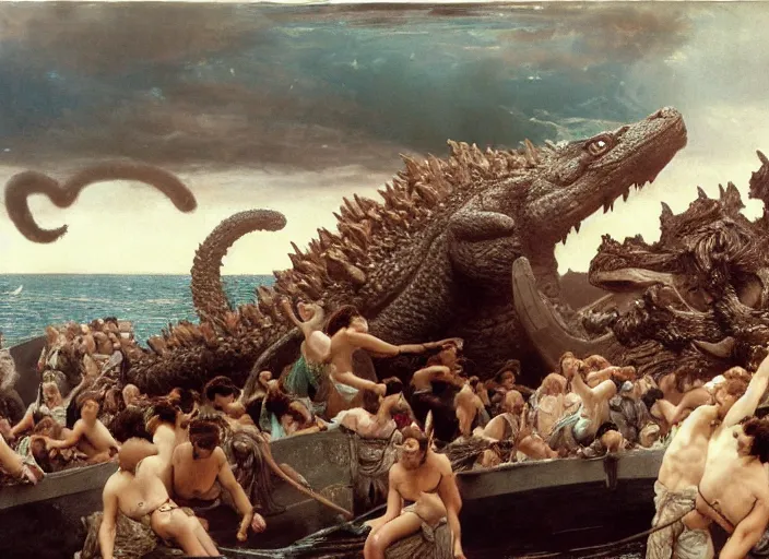 Image similar to godzilla attacking the raft of the medusa, painting by lawrance alma - tadema, 4 k, hyper - realistic, highly detailed