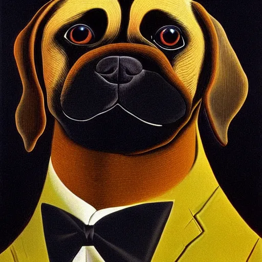 Image similar to a surrealist portrait of black pugalier dog wearing suit and tie, surreal background, by salvador dali