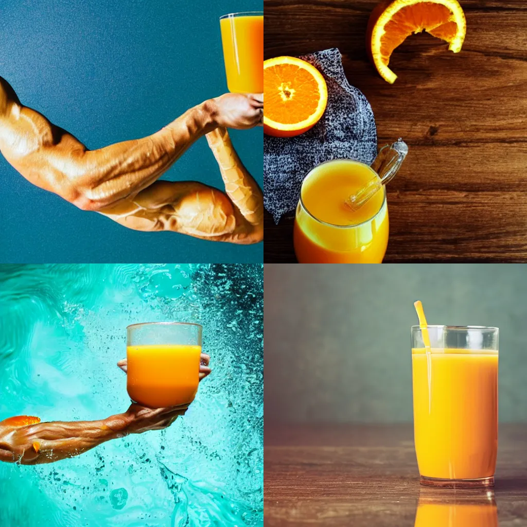 Prompt: muscular arm swimming alone in orange juice