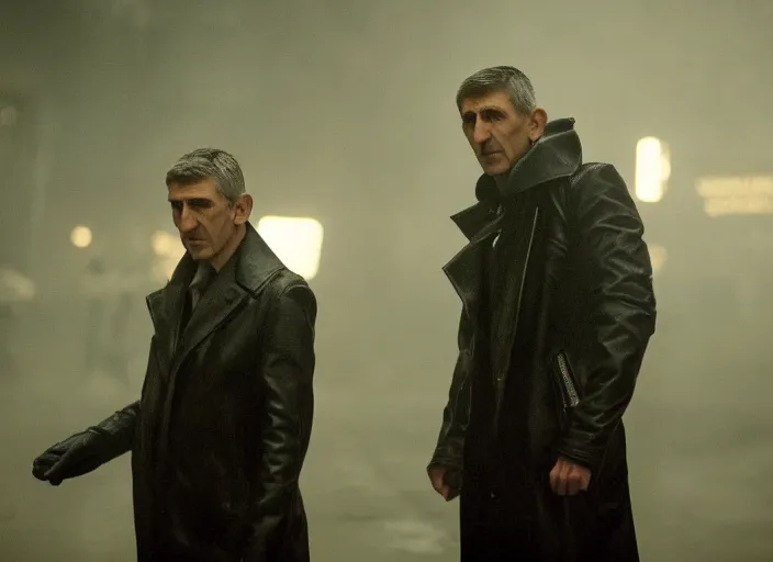 Image similar to film still andrej babis wearing leather coat as a detective in blade runner, 8 k