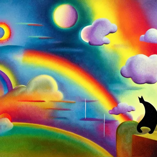 Prompt: cats dreaming, clouds and rainbow, 8 k, matte painting in the style of alexander zep and kandinsky and jean hugo