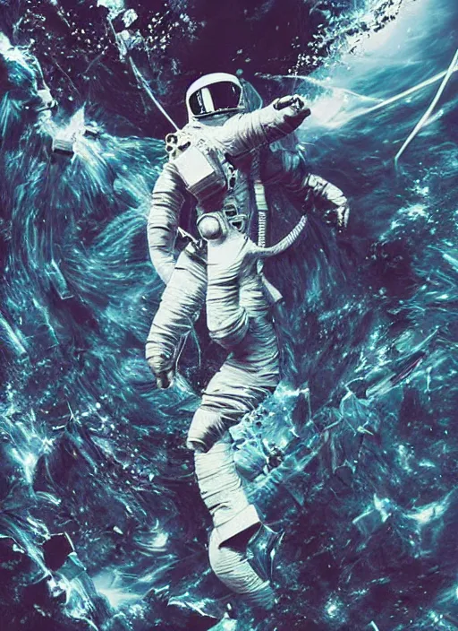 Image similar to astronaut in dark void underwater - complex and hyperdetailed technical suit design. reflection and dispersion materials. rays and dispersion of light. volumetric light. f / 3 2. noise film photo. flash photography. ultra realistic, 5 0 mm. poster by wayne barlowe, hajime sorayama aaron horkey, craig mullins