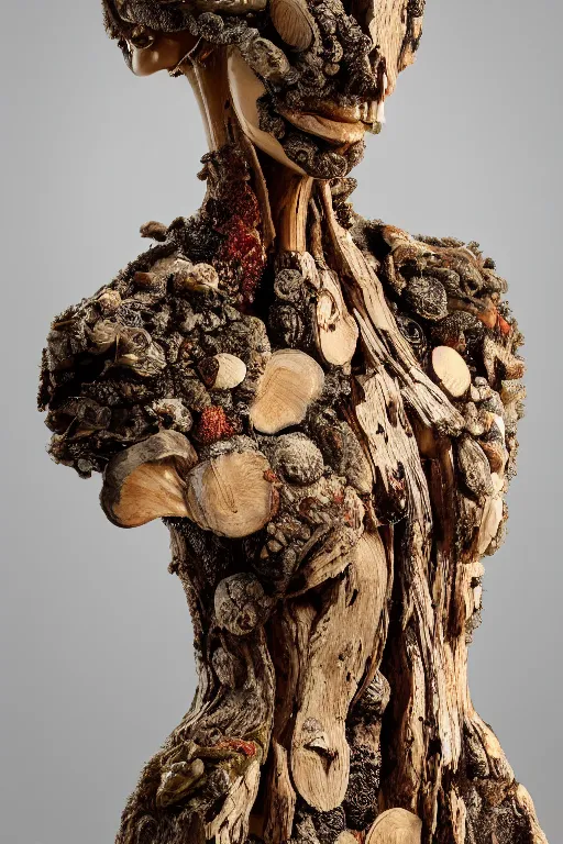 Image similar to A beautiful dress carved out of dead wood with lichen and mushrooms, on a mannequin. High quality, high resolution, studio lighting