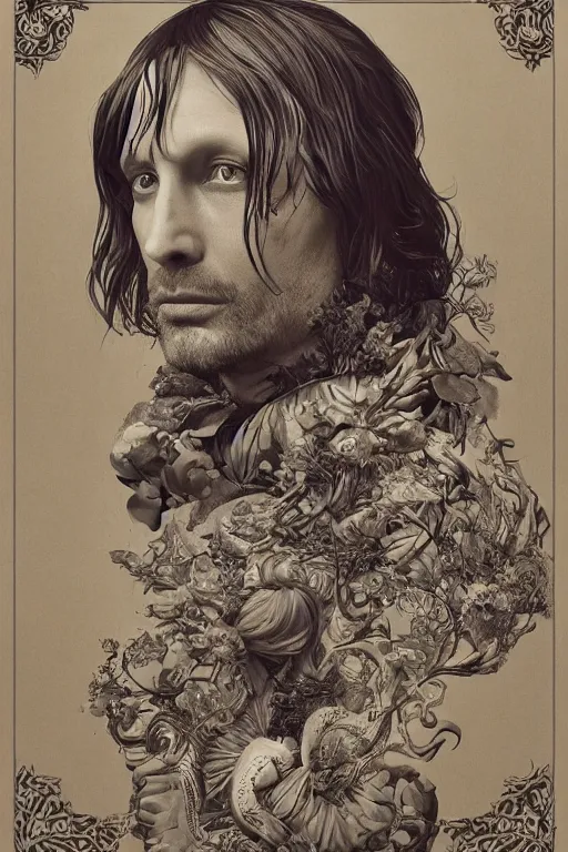 Image similar to A pre-raphaelite portrait of Mads Mikkelsen, surreal, ultradetailed, intricate, elegant, digital art painting, concept art, smooth, sharp focus, poster art, art cover illustration, regal, award winning picture, extremely detailed masterpiece, sense of awe, featured on artstation, Artgerm, effervescent punk kawaii-noir pastel bubbles, winning award piece, ethereal rainbows, Aetherpunk, low-key neon lightning, stormy weather, Exquisite details, 8K detail post-processing, matte, oil painting