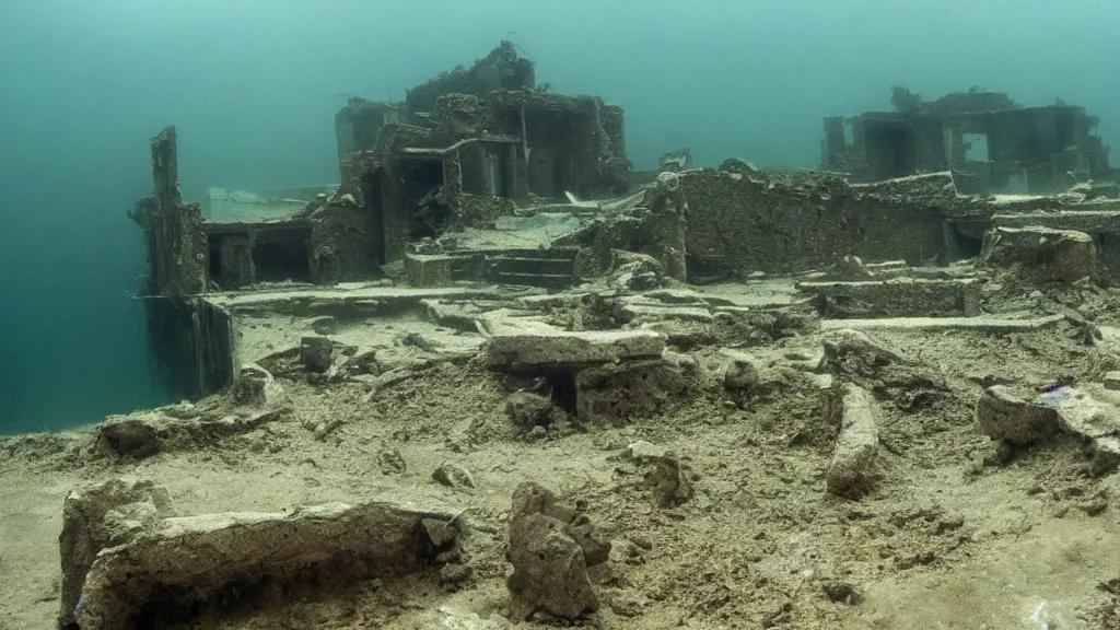 Prompt: a landscape of ruined underwater civilisation