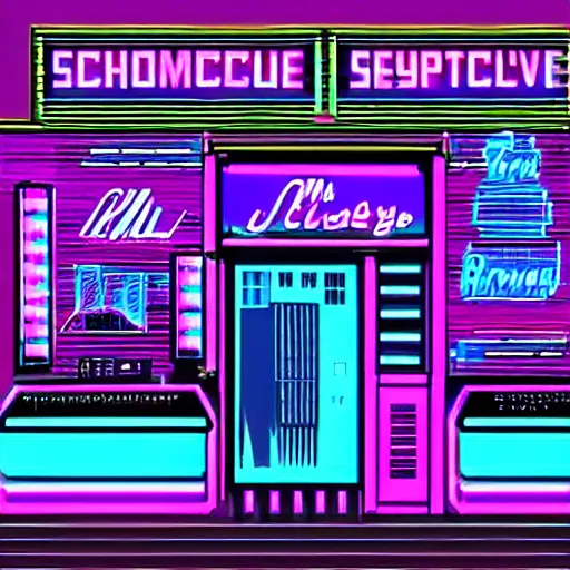 Prompt: chromatic, synthwave, 80's shop in a synthwave city