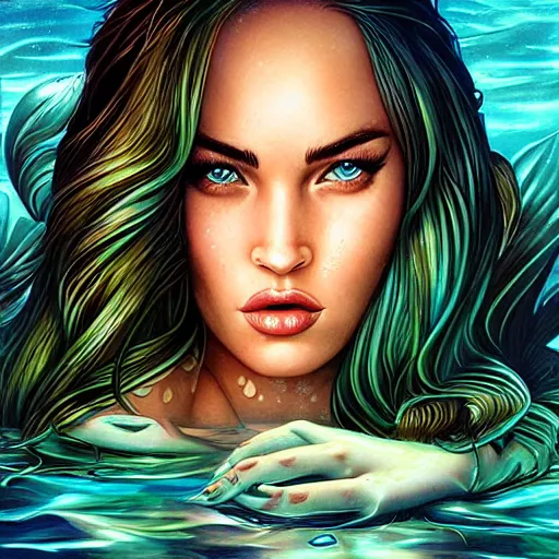 Prompt: underwater mermaid portrait of megan fox, Pixar style, by Tristan Eaton Stanley Artgerm and Tom Bagshaw.