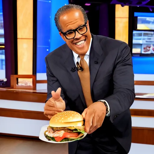 Prompt: nbc's very own lester holt consuming a hamburger