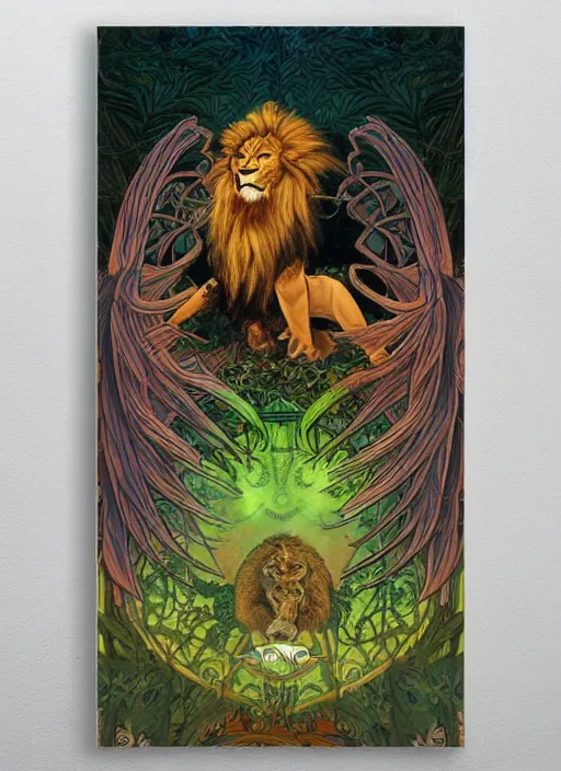 Image similar to a lion with intricate bird wings in the middle of a lush forest at night. diffuse neon light, dramatic landscape, fantasy illustration, matte painting by mucha