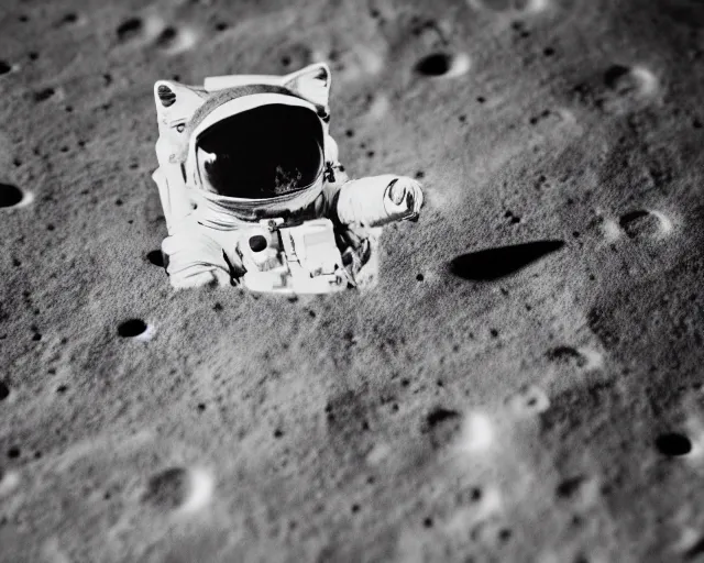 Image similar to a far away photo of a cat in a cat spacesuit on the moon, photorealistic