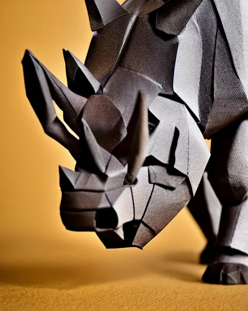 Prompt: an origami rhinoceros by akira yoshizawa, realistic, very detailed, complex, intricate, studio lighting, bokeh, sigma 5 0 mm f 1. 4