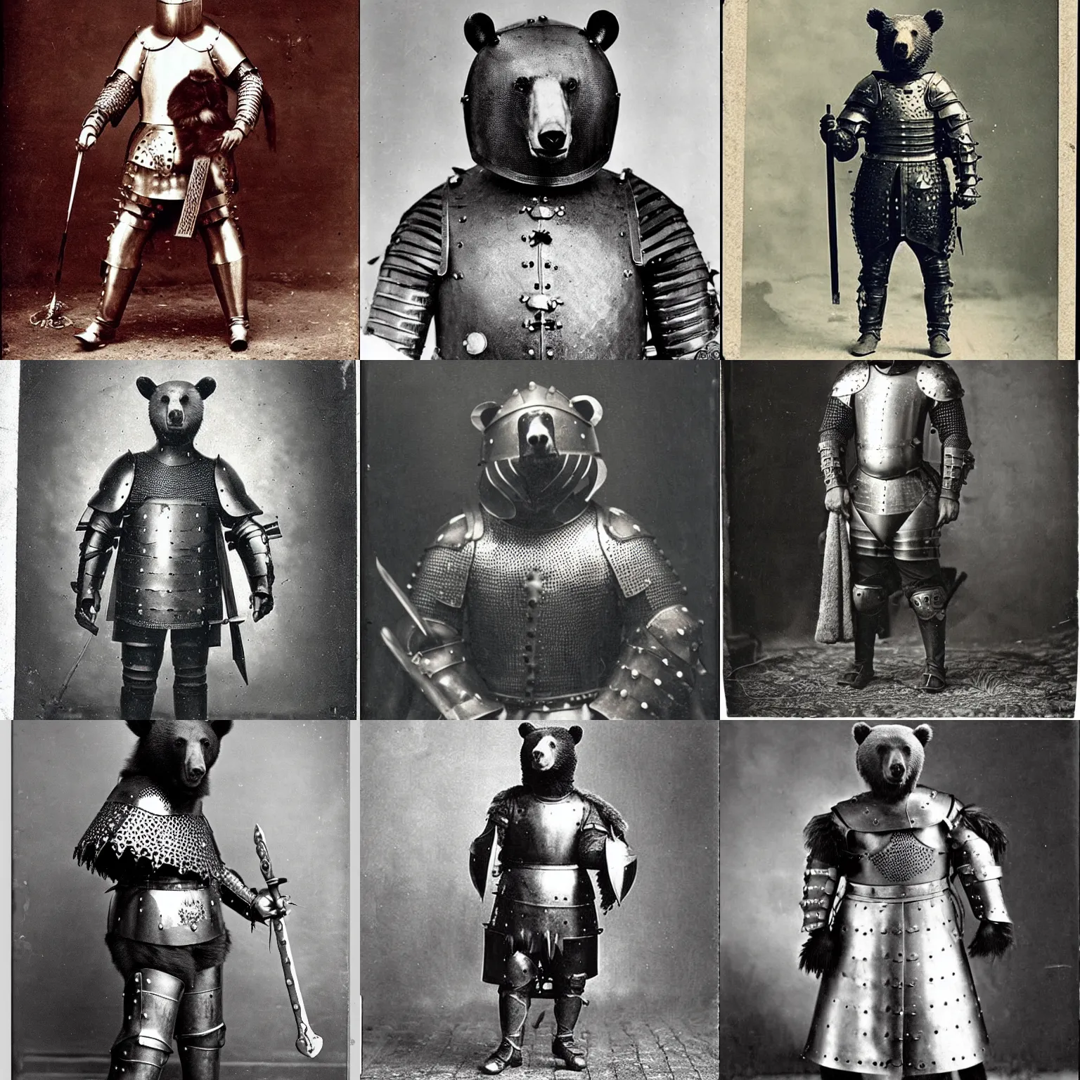 Prompt: “bear in full medieval armour, 1900’s photo”