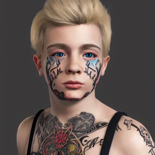 Image similar to detailed unreal engine 5 render of a blonde boy with face tattoos