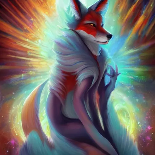 Image similar to a stylized painting for an avatar portrait of an awesome cosmic powerful anthropomorphic kitsune fox mage themed around death and the stars and the cosmos, in the style of dnd beyond avatar portraits, beautiful, artistic, elegant, lens flare, magical, lens flare, nature, realism, stylized, art by jeff easley
