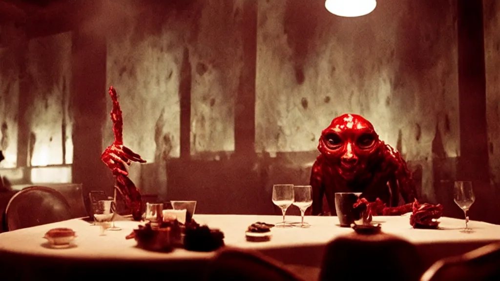 Image similar to the strange creature in a restaurant, made of blood and water, film still from the movie directed by Denis Villeneuve with art direction by Salvador Dalí,