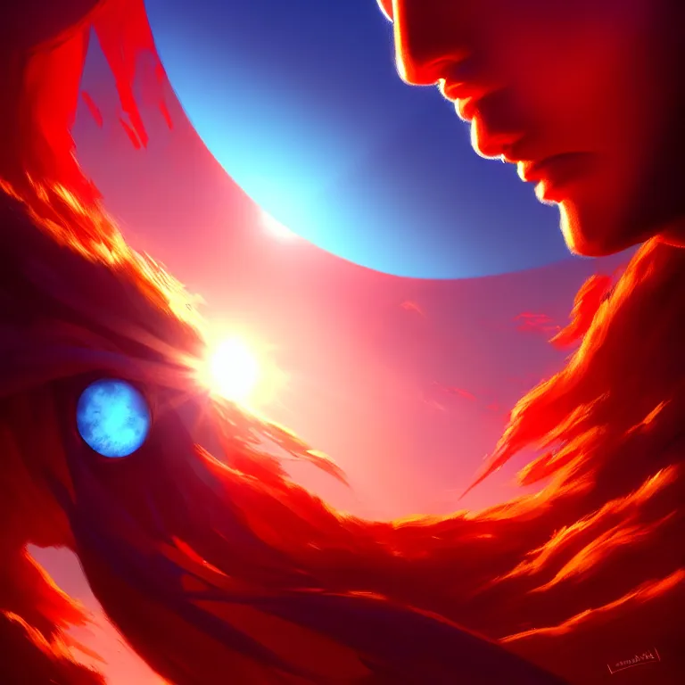 Prompt: crimson and azure become as the sun; detailed, best on artstation, cgsociety, epic, masterpiece