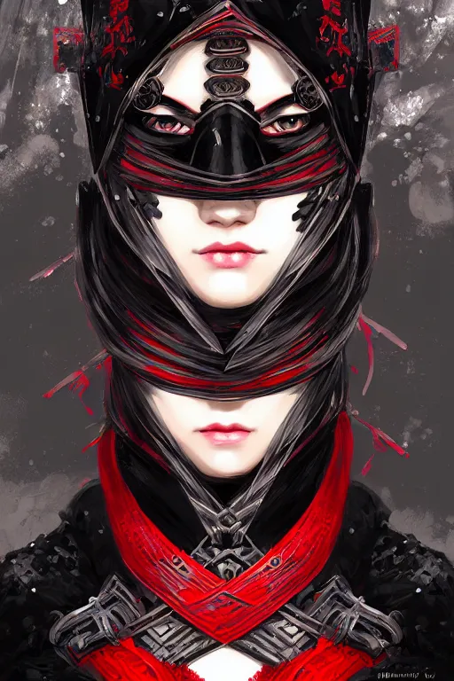 Prompt: portrait ninja gaiden girl, armored black and red ninja wardrobe, in ruin japanese rainny temple night, ssci - fi and fantasy, intricate and very very beautiful and elegant, highly detailed, digital painting, artstation, concept art, smooth and sharp focus, illustration, art by tian zi and wlop and alphonse mucha