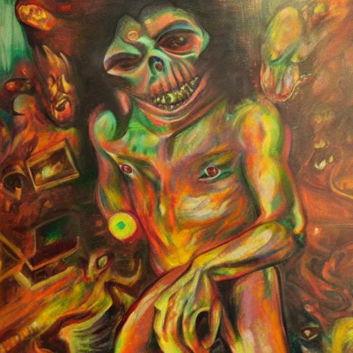 Image similar to portre of an autistic demon on acid, masonic and kabalistic symbols in background, oil painting