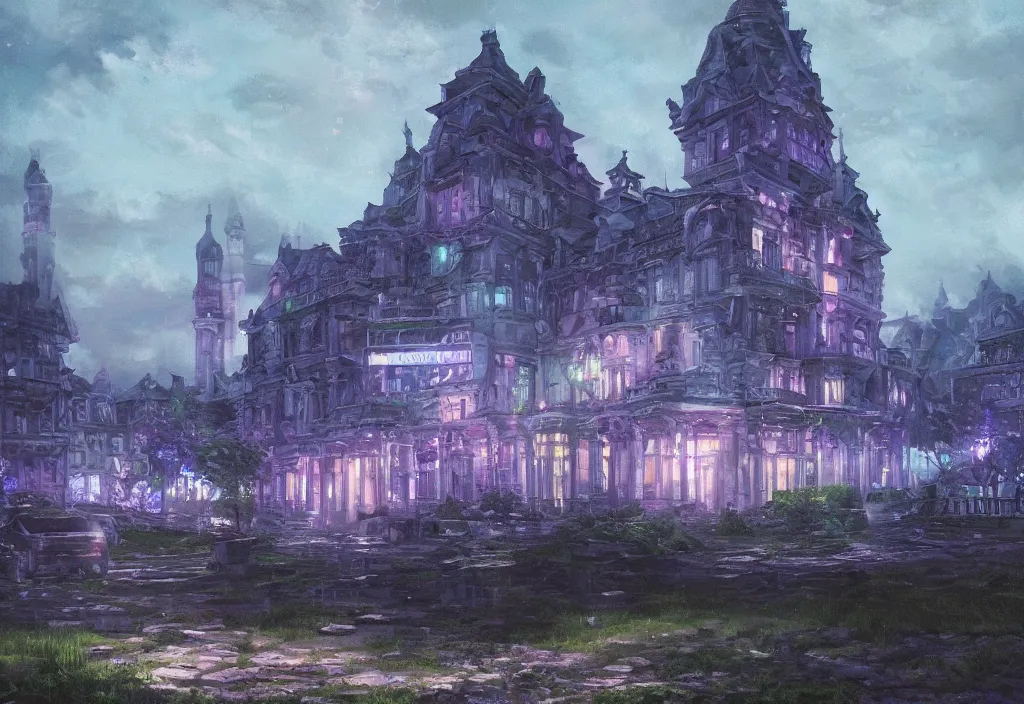 Prompt: A brilliant white castle in the distance, very dark with green lights, blue lights and purple lights, oil painting, dramatic lighting, Jakub Kasper, Makoto Shinkai, hyperrealistic, cinematic, elegant, intricate