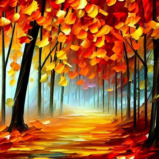Prompt: beautiful leonid afremov painting of a foggy forest path on a lovely autumn day. trending on artstation 8k hq