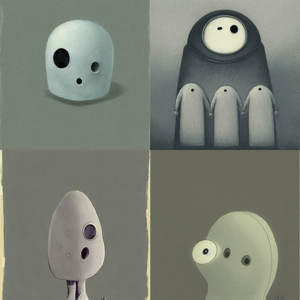 Prompt: cute friendly ghost by shaun tan, style of john kenn mortensen