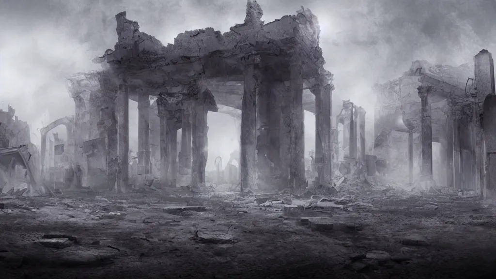 Image similar to an apocalyptic ruins in a desert, midnight, foggy, eerie, scary, digital art