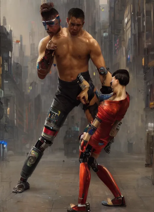 Image similar to buff cyberpunk olympic kickboxer with robotic legs wearing a jumpsuit ( blade runner 2 0 4 9, cyberpunk 2 0 7 7 ). orientalist portrait by john william waterhouse and james gurney and theodore ralli and nasreddine dinet, oil on canvas. cinematic, hyper realism, realistic proportions, dramatic lighting, high detail 4 k