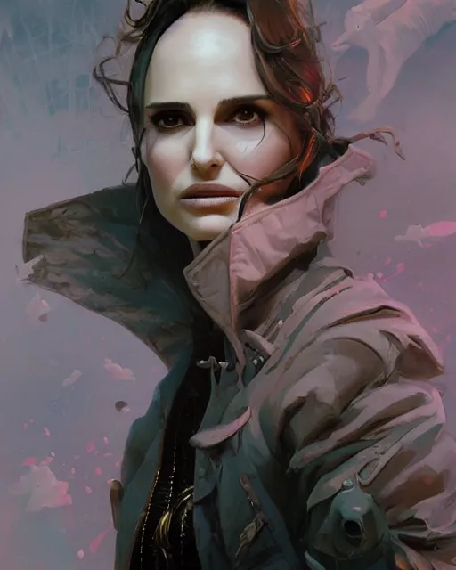 Image similar to beautiful fantasy character portrait, natalie portman, wearing oversized black trench coat, ultra realistic, wide angle, dramatic lighting, vultures, cyberpunk artifacts, highly detailed by peter mohrbacher, hajime sorayama, wayne barlowe, boris vallejo, aaron horkey, gaston bussiere, craig mullins