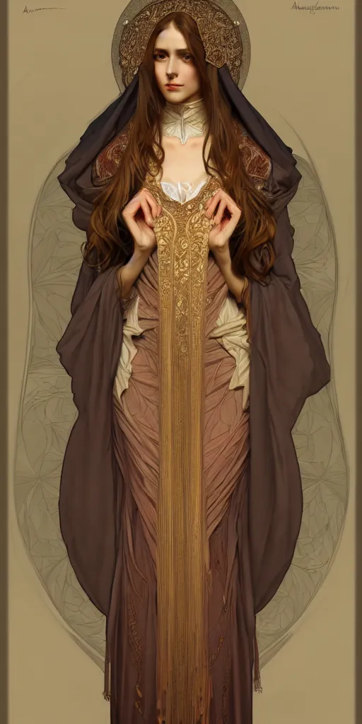 Image similar to character portrait of a modest woman, tall, feminine, powerful, modestly clothed, voluminous, intricate, elegant, highly detailed, digital painting, artstation, smooth, symmetrical, sharp focus, illustration, art by alphone mucha