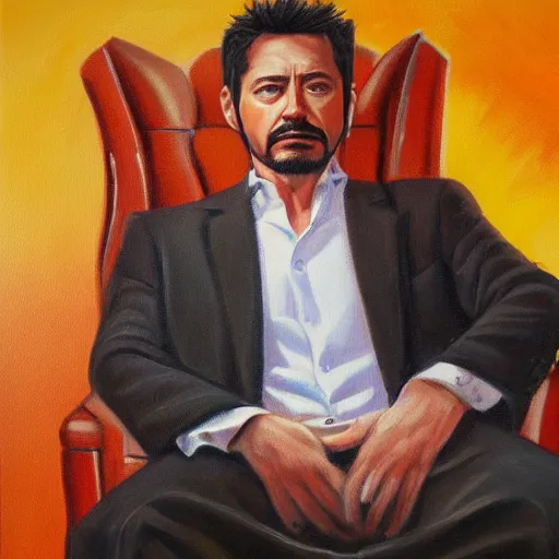 Prompt: detailed oil painting of tony stark sitting in an armchair in a room with the setting sun, by jama jurabaev, brush hard, golden hour, brush stroke