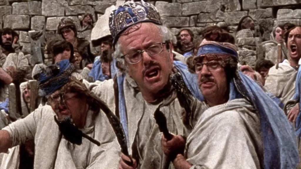 Image similar to a film still of bernie sanders as brian in monty python's life of brian ( 1 9 7 9 )