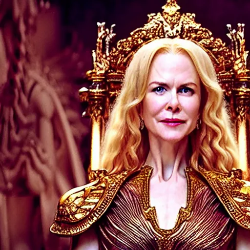 Image similar to cinematic scene with nicole kidman on a majestic throne as the goddess of war, dramatic, small details, volumetric lighting, still frame