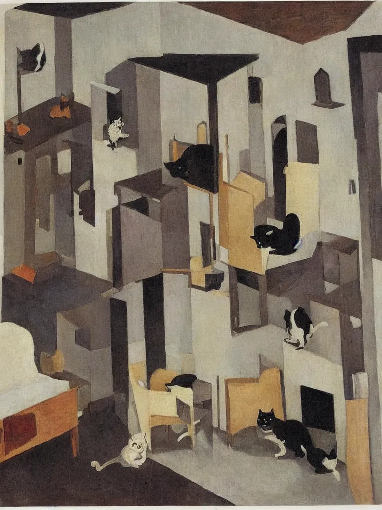 Prompt: cats travel around the apartment in a surreal home, by robert antoine pinchon, in the style of edwige fouvry, dark surrealism, open ceiling